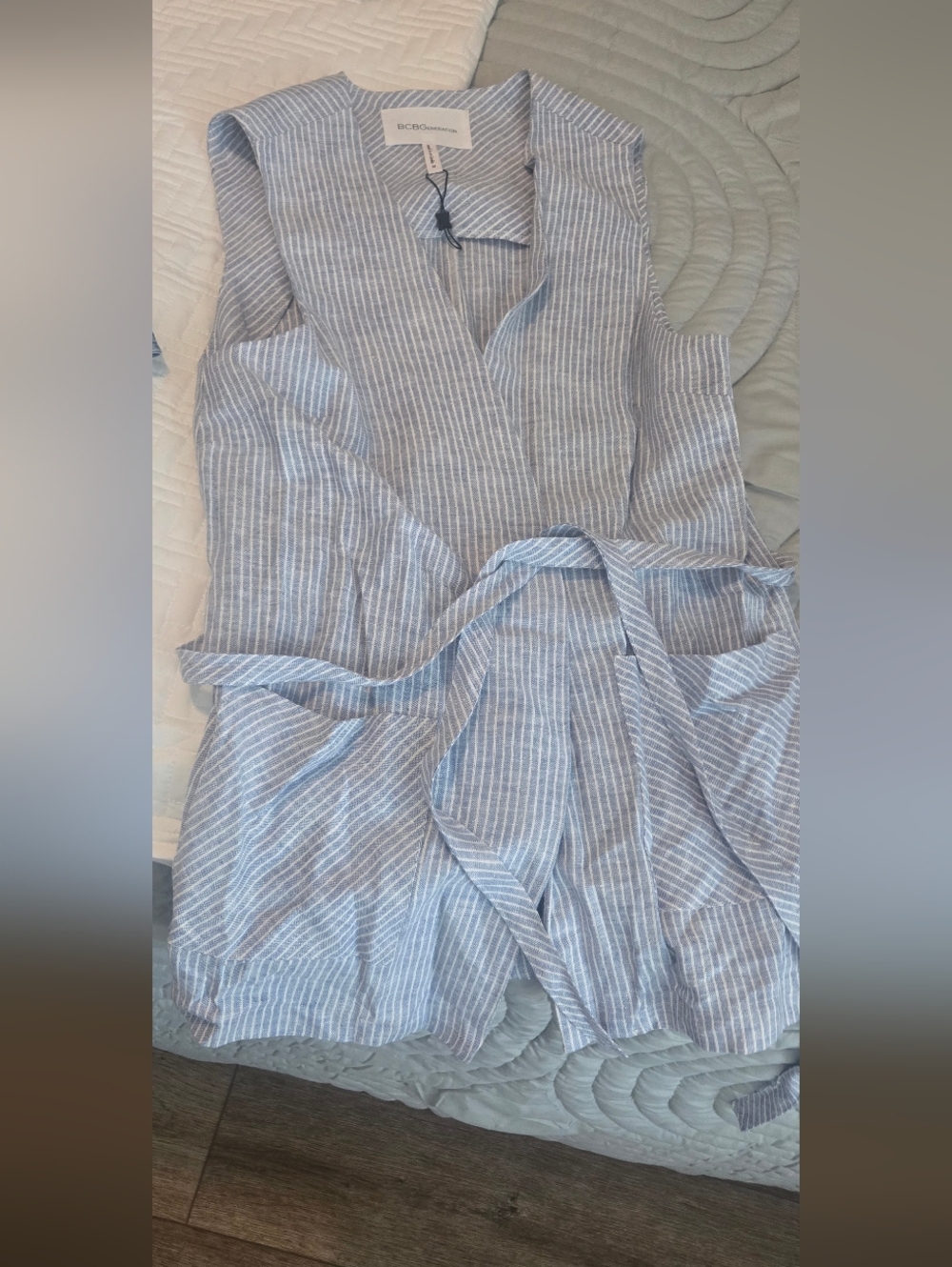 BCBGeneration Blue and White Striped Sleeveless Wrap Vest